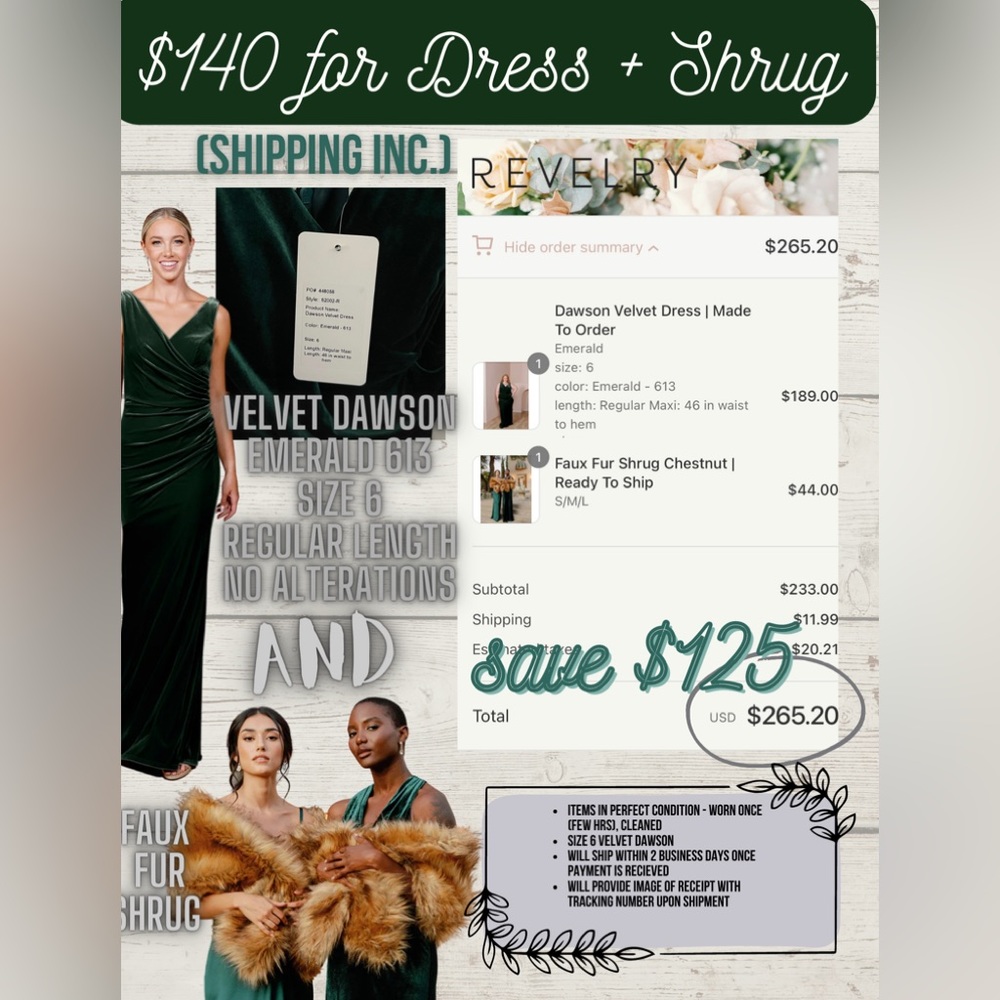 Revelry Bridesmaid Dress Size 6 Emerald 613 Velvet Dawson with Faux Fur Shrug